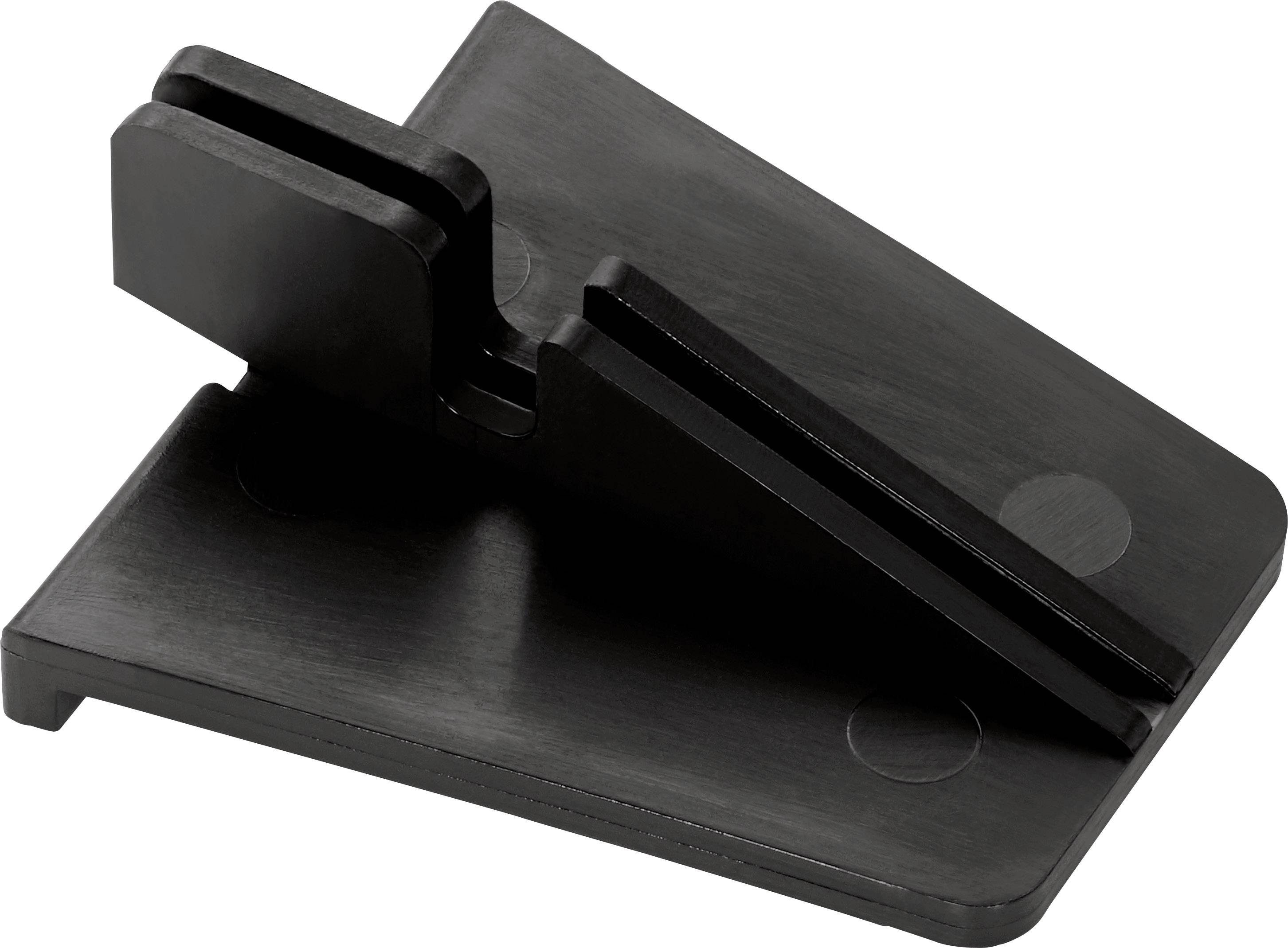 Black plastic component in a triangular shape, possibly a bracket or stand, with two protrusions in the centre.