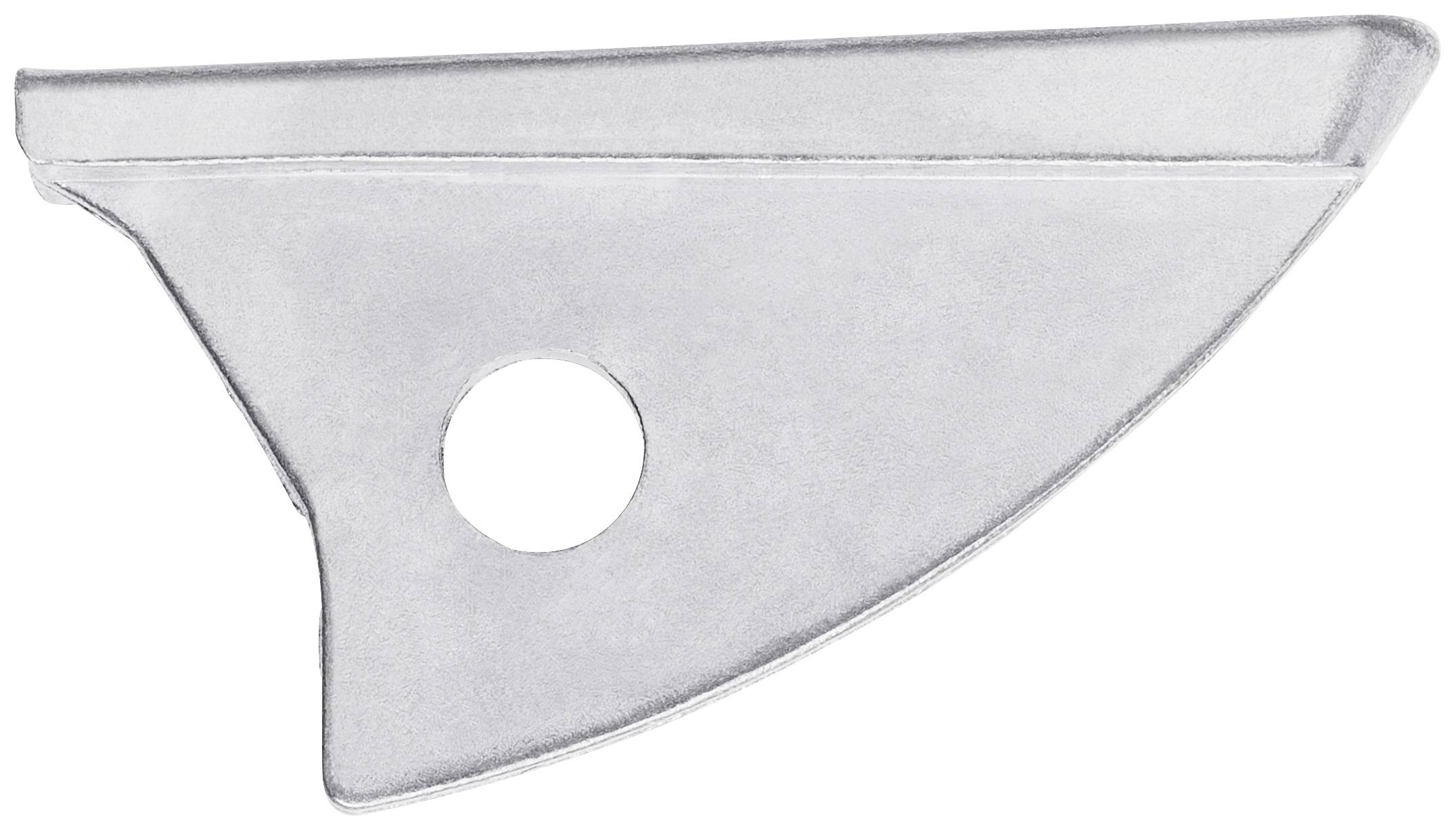 A silver-coloured, triangular metal piece with a hole in the centre, likely a component of a tool or machine.