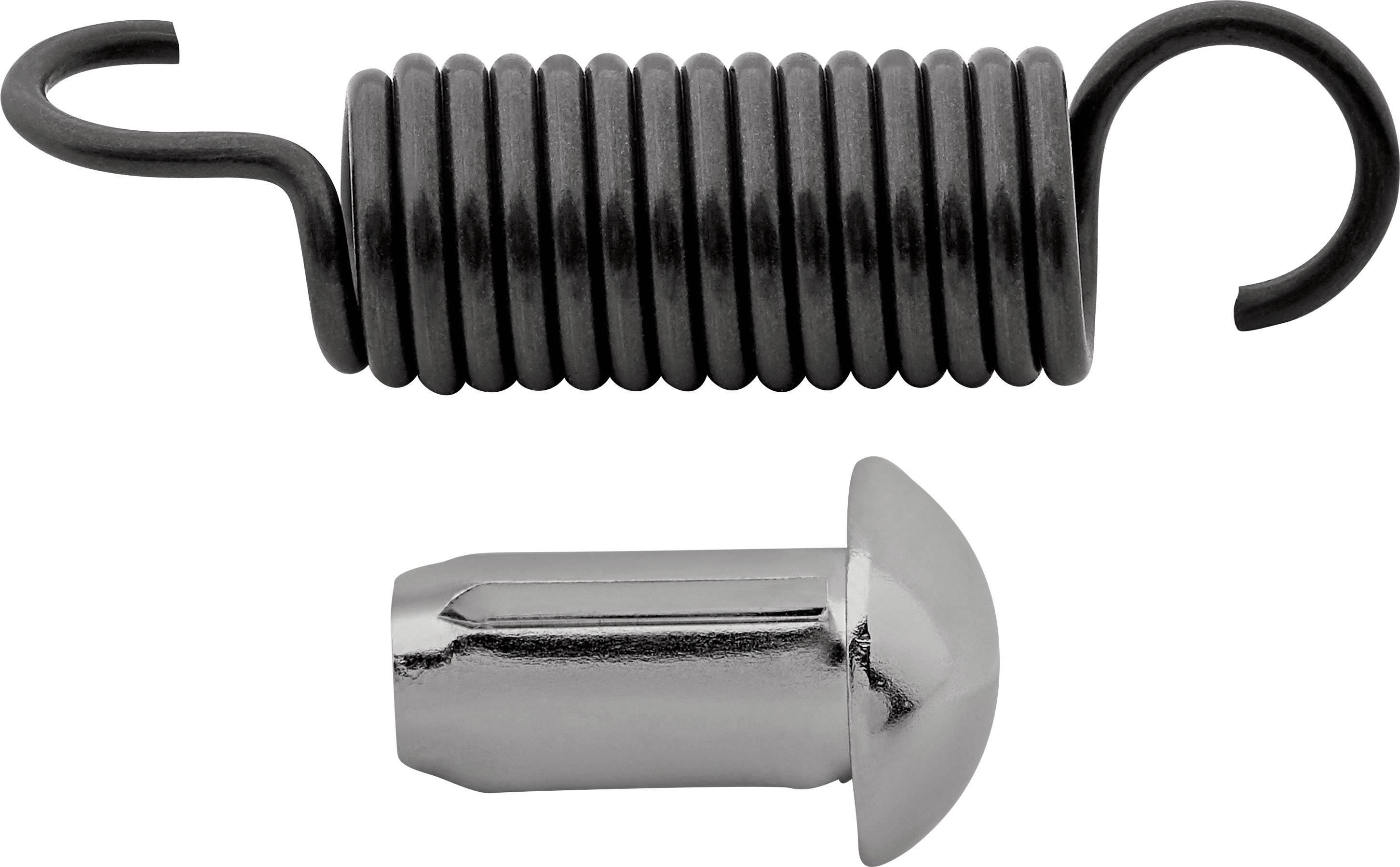 Black draw wire with hooked ends, beneath a silver metal bolt with a rounded tip. Spare parts for mechanical applications.