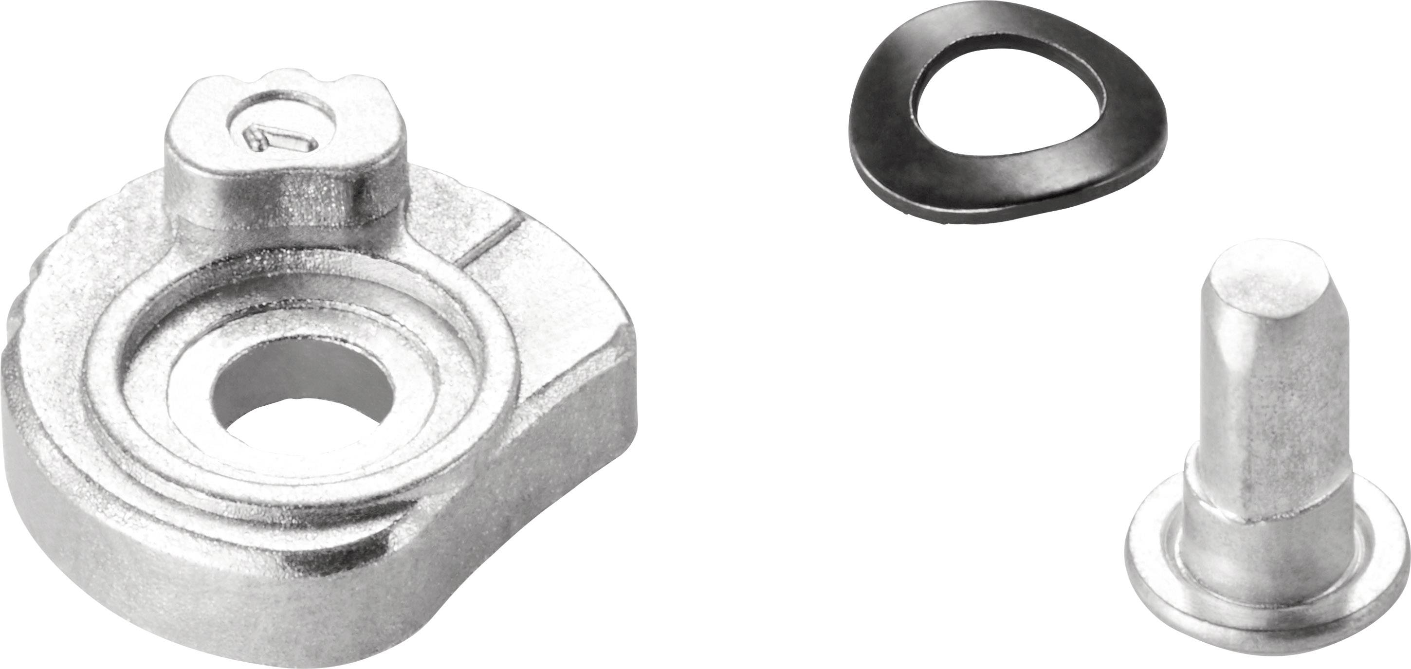 Components of a mechanical closure: a rounded metal component with a central hole, a black O-ring seal, and a bolt.