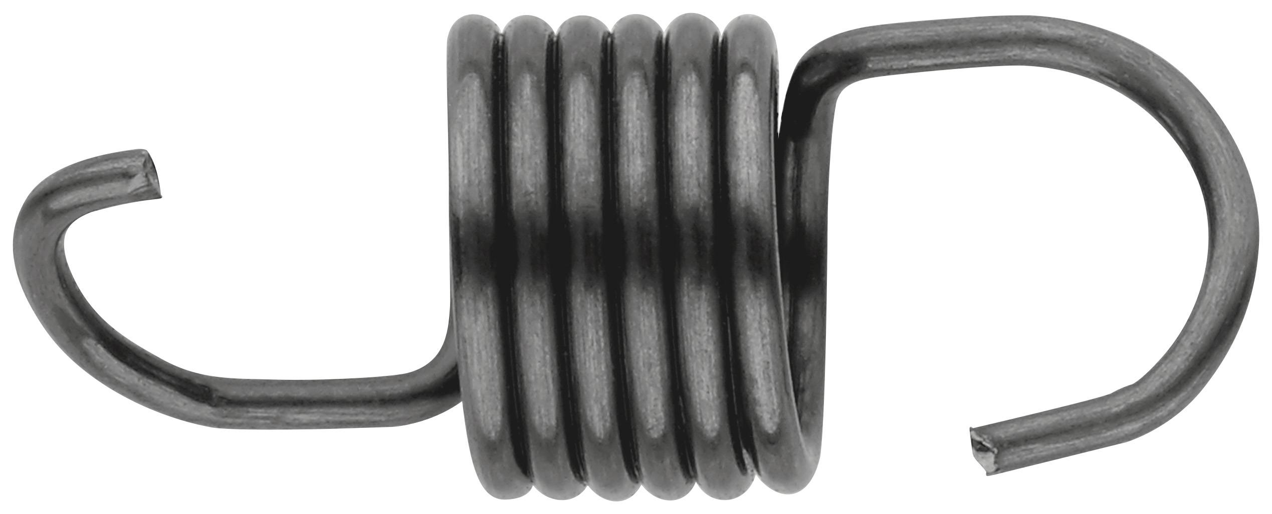 Metal spring with multiple coils between two hooked ends.