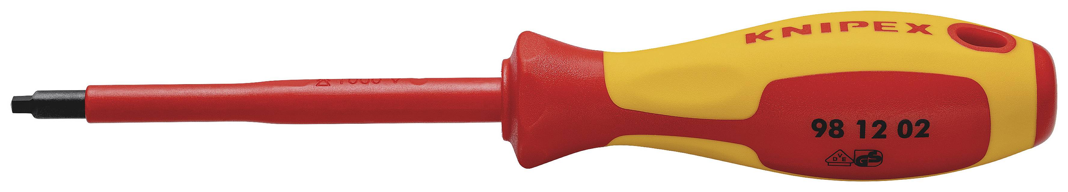 An insulated screwdriver with a red and yellow handle, featuring the Knipex logo, suitable for electrical work.