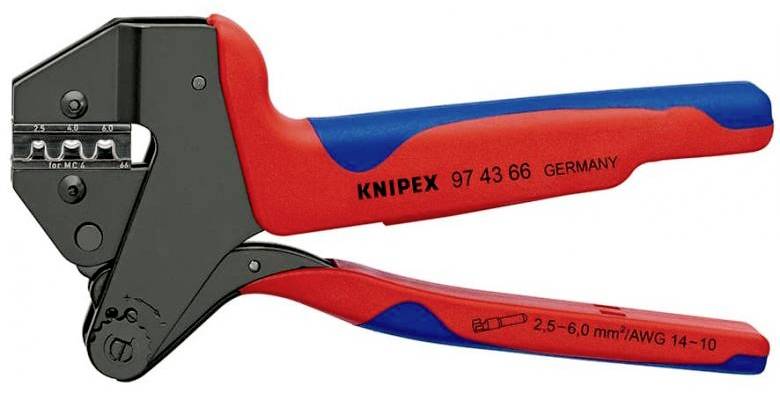 A cable crimping pliers with red handles and the inscription 'Knipex 97 43 66 Germany' for cable cross-sections from 2.5-6.0 mm².
