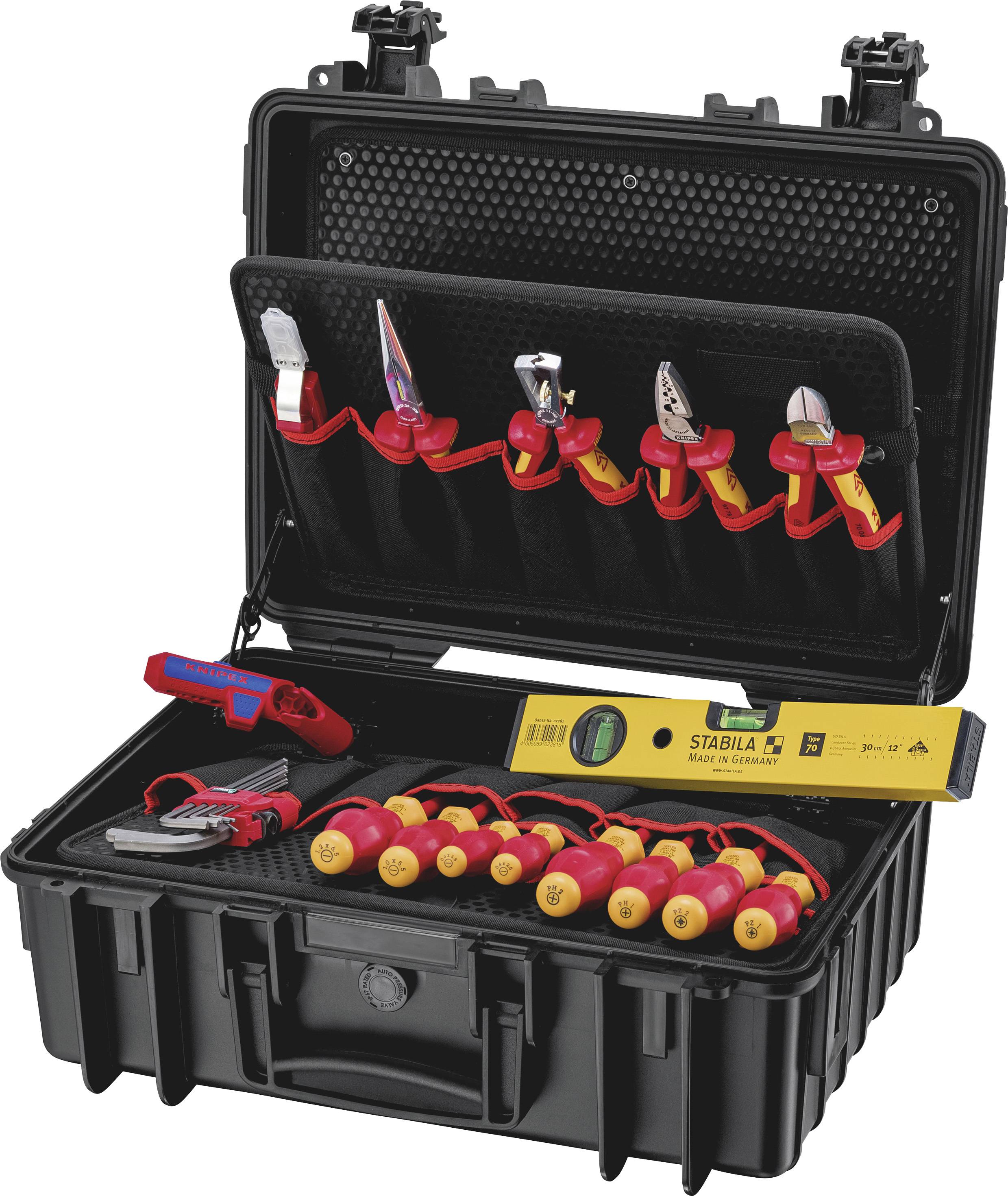 Toolbox with electrical hand tools: pliers, screwdrivers, voltage tester, measuring tape. Perfect for electrical work.