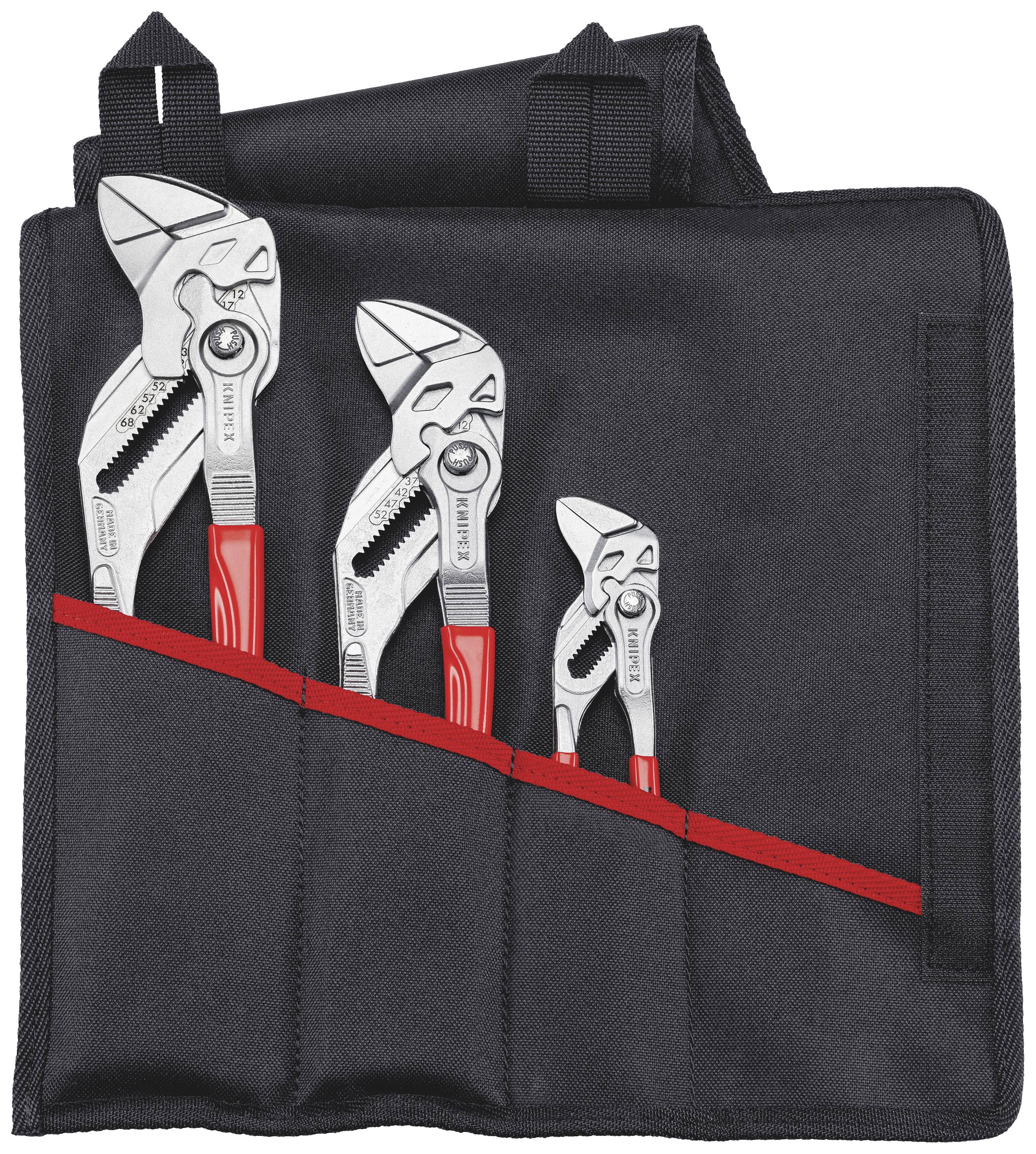 Four water pump pliers in various sizes in a black tool bag with a red trim.