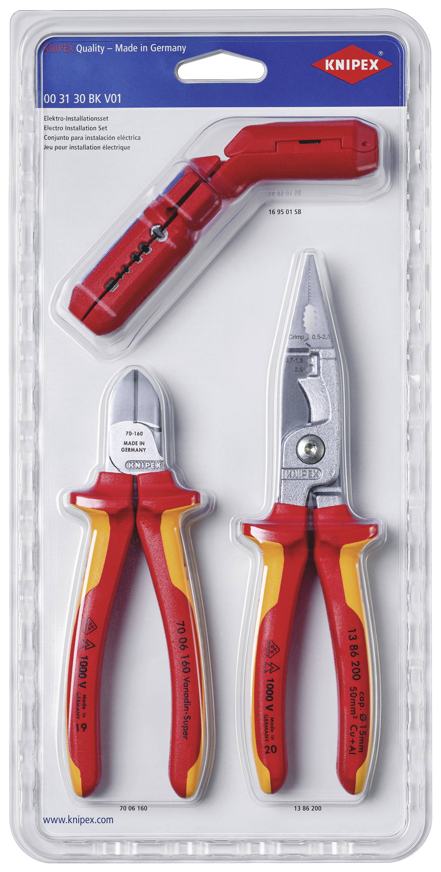 Packaging containing three KNIPEX tools: a wire stripping tool and two pliers with red handles for electrical work.