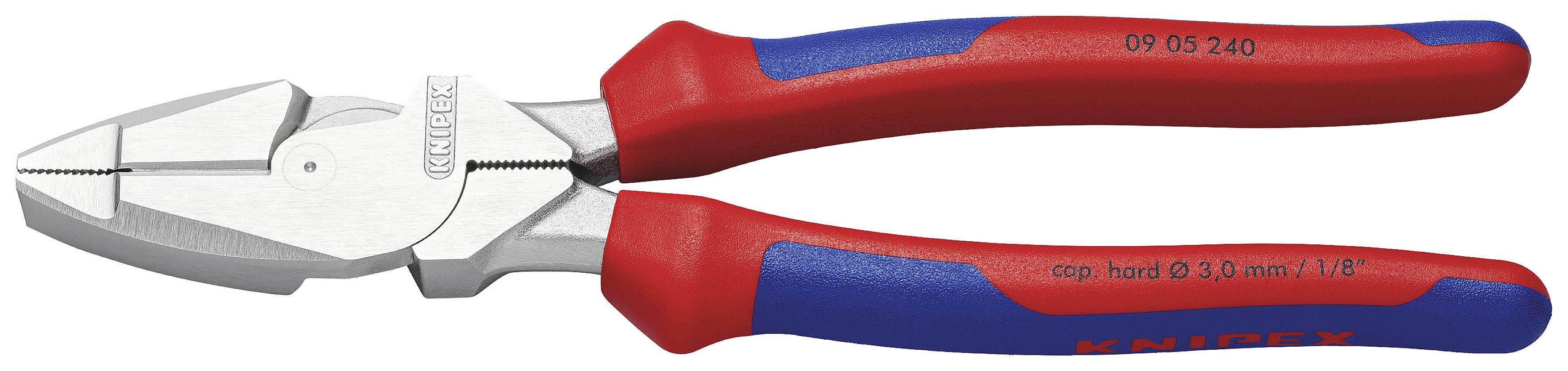 A red and blue combination pliers with 'Knipex' printed on the handle and an embossed serial number.