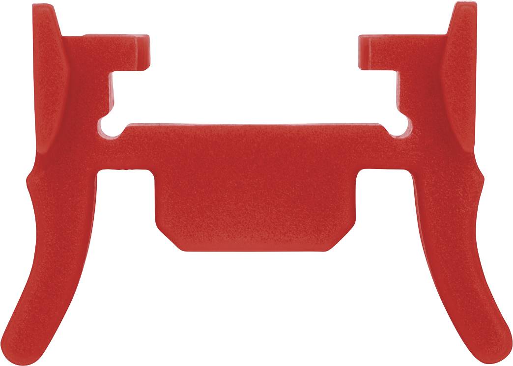 A red, plastic-like component with a symmetrical design and curved ends, potentially a connector or mounting bracket.