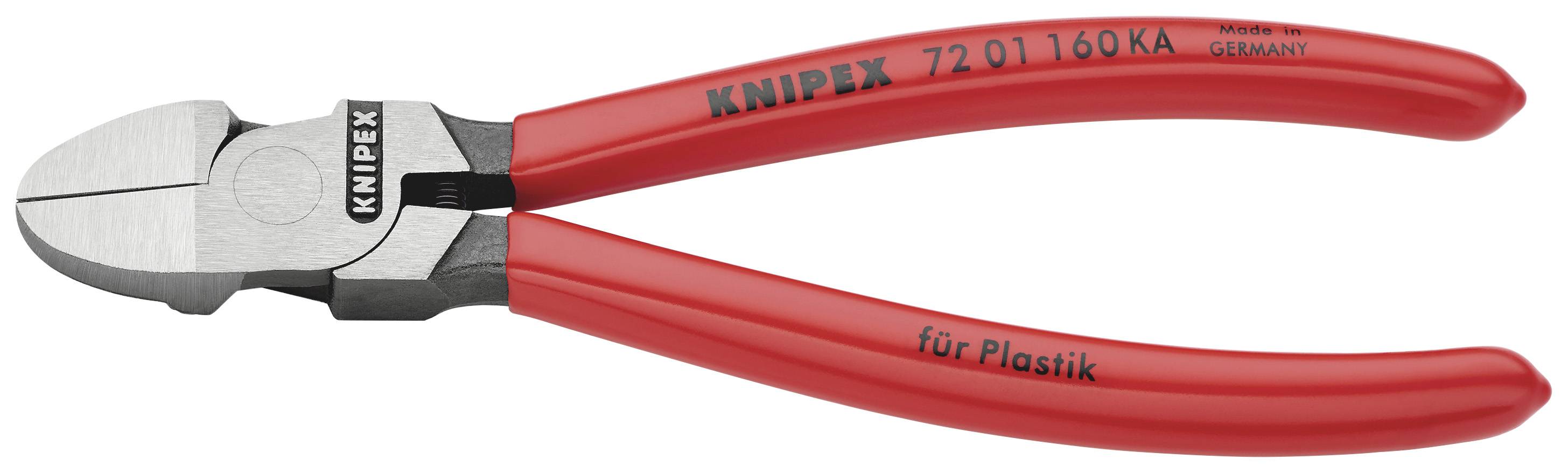 Side cutters by Knipex, red with the inscription 'for plastic'. Designed for cutting plastic materials. Country of manufacture: Germany.