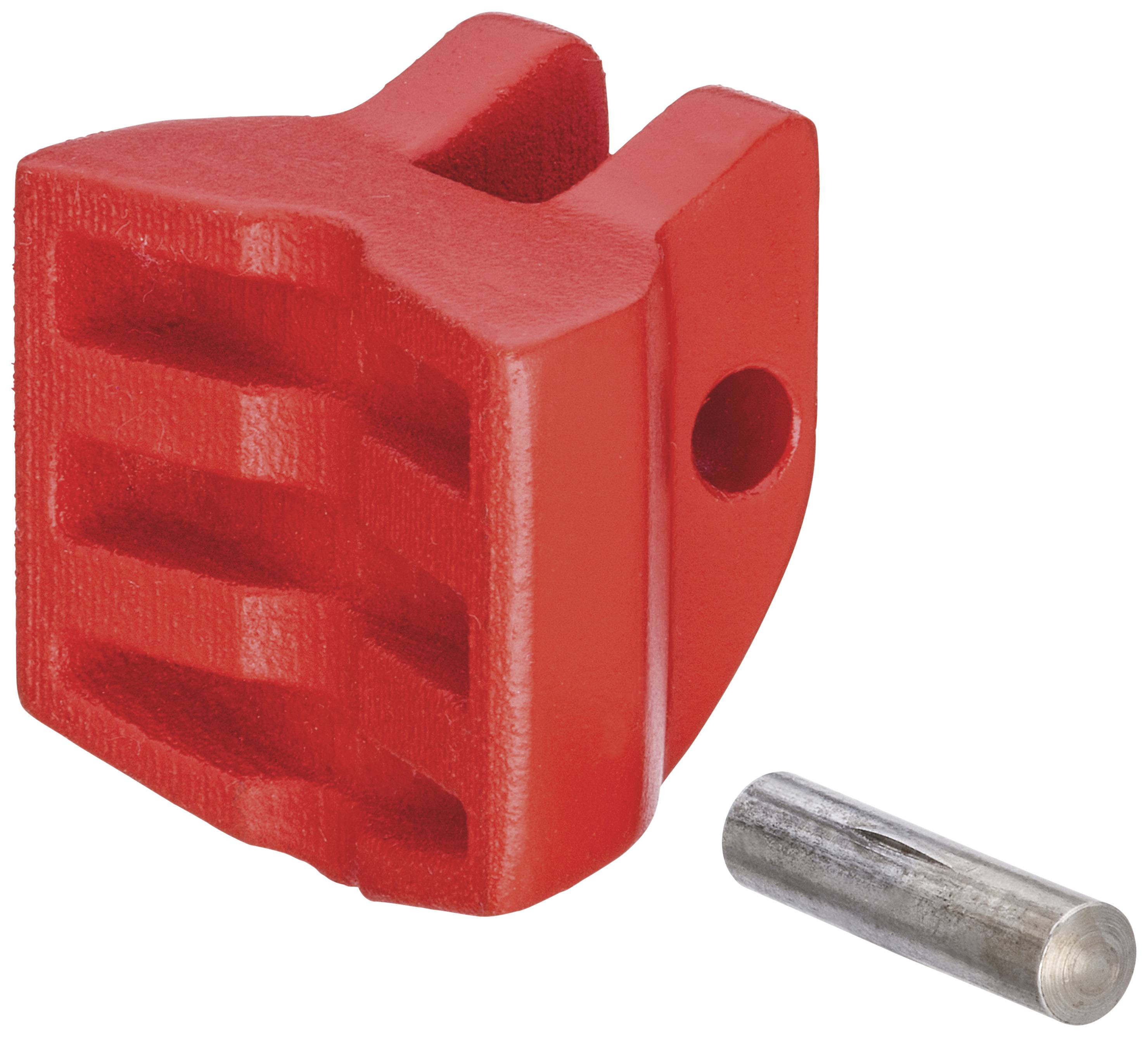 Red plastic part with a ridged handle and hole, next to a metallic cylindrical pin.