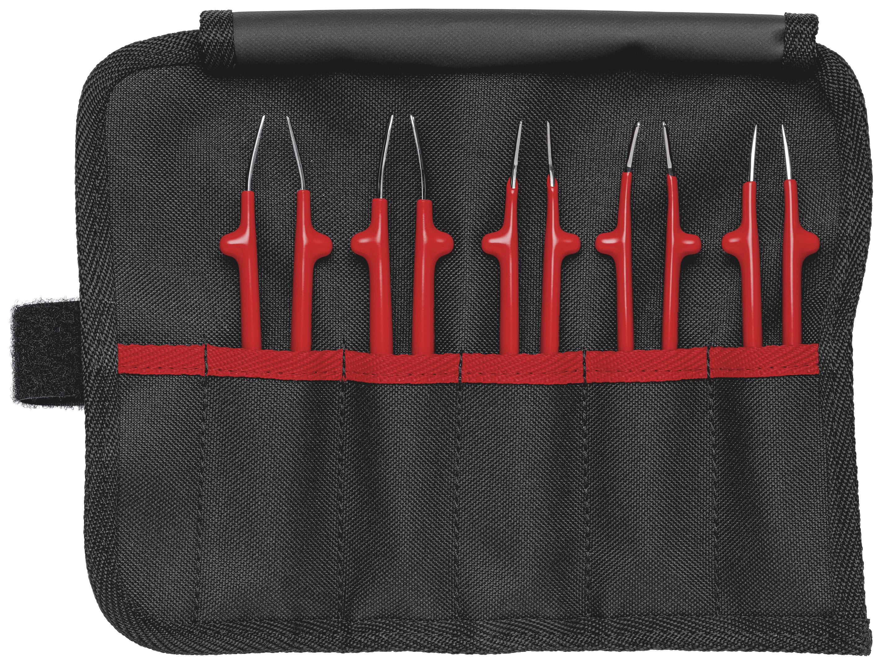 Black case with six red tools, probably tweezers, in separate red loops, rolled out and shown open.