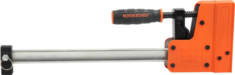 An orange G-clamp with a black handle, marked with 'JORGENSEN'. It is suitable for compressing objects.