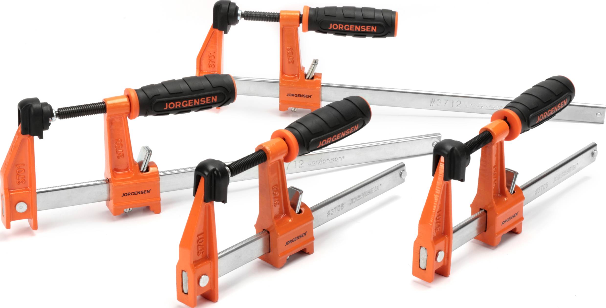 Three orange metal and plastic G-clamps lined up on a white surface. All are labelled with the brand name 'Jorgensen'.