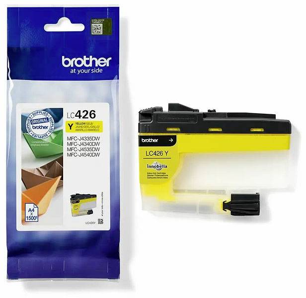 Yellow Brother Printer Cartridge LC426Y on a white background next to its packaging; compatible with MFC-J4335DW, MFC-J4340DW, MFC-J4540DW.