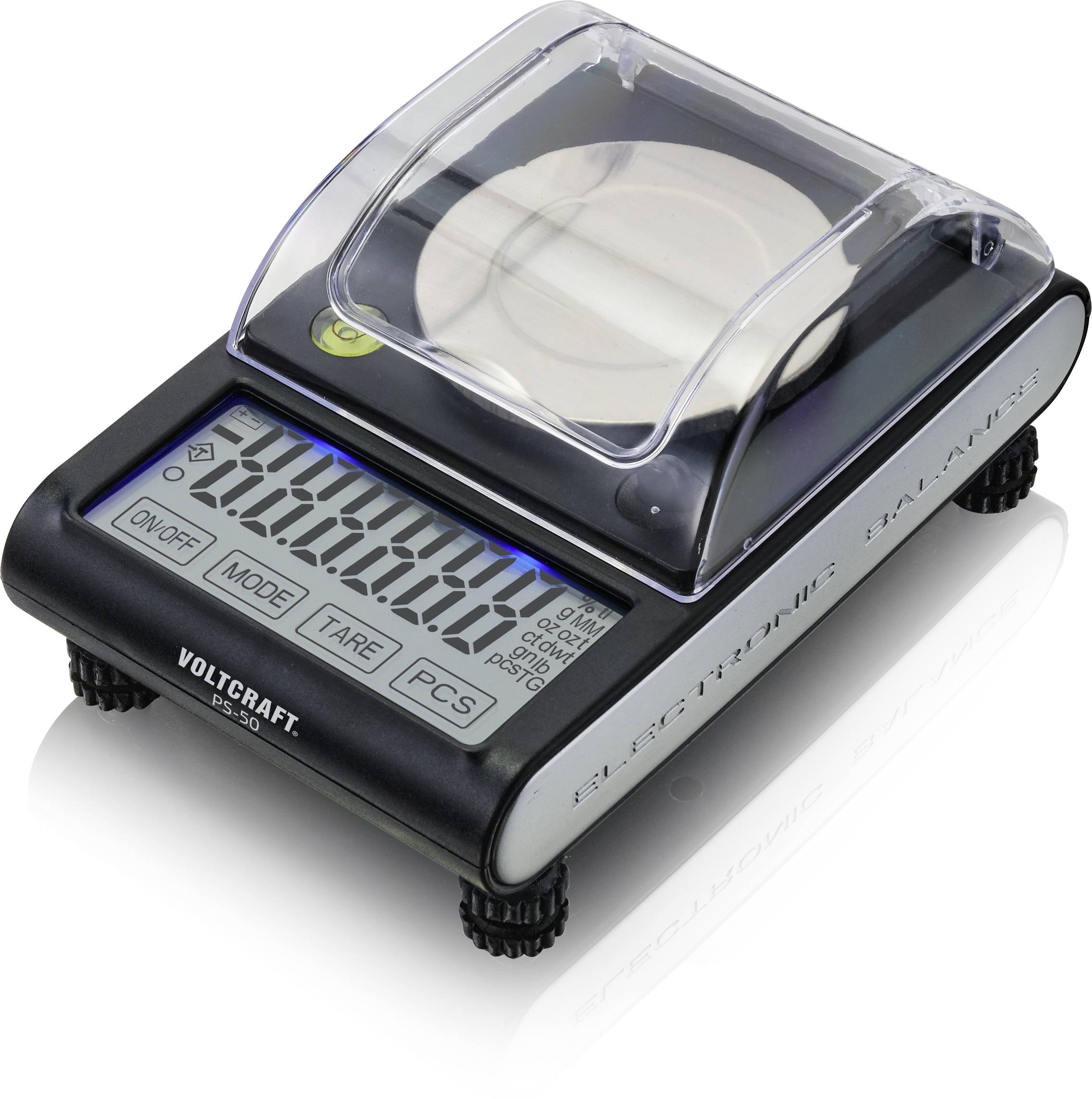 Electronic scales with digital display showing '0.000 g', transparent cover, buttons for 'On/Off', 'Mode', 'Tare', 'PCS'.