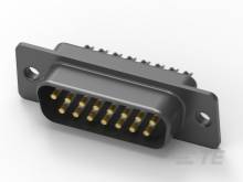 A black, rectangular connector plug with multiple gold-plated pins and side mounting flange. Electronic component.
