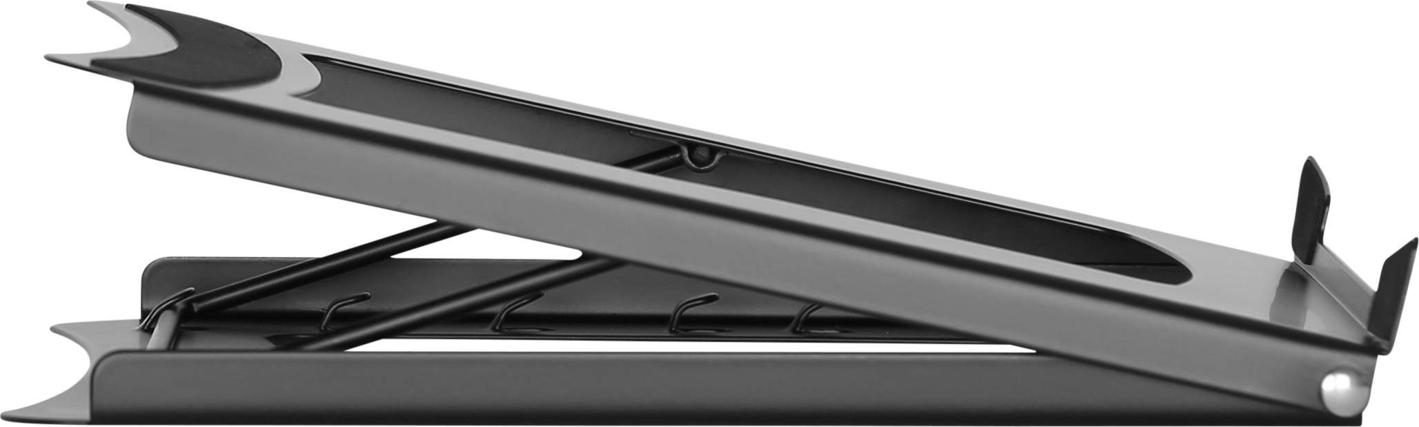 A black, folded metal laptop stand that allows for a slight angle, rests on a smooth surface.