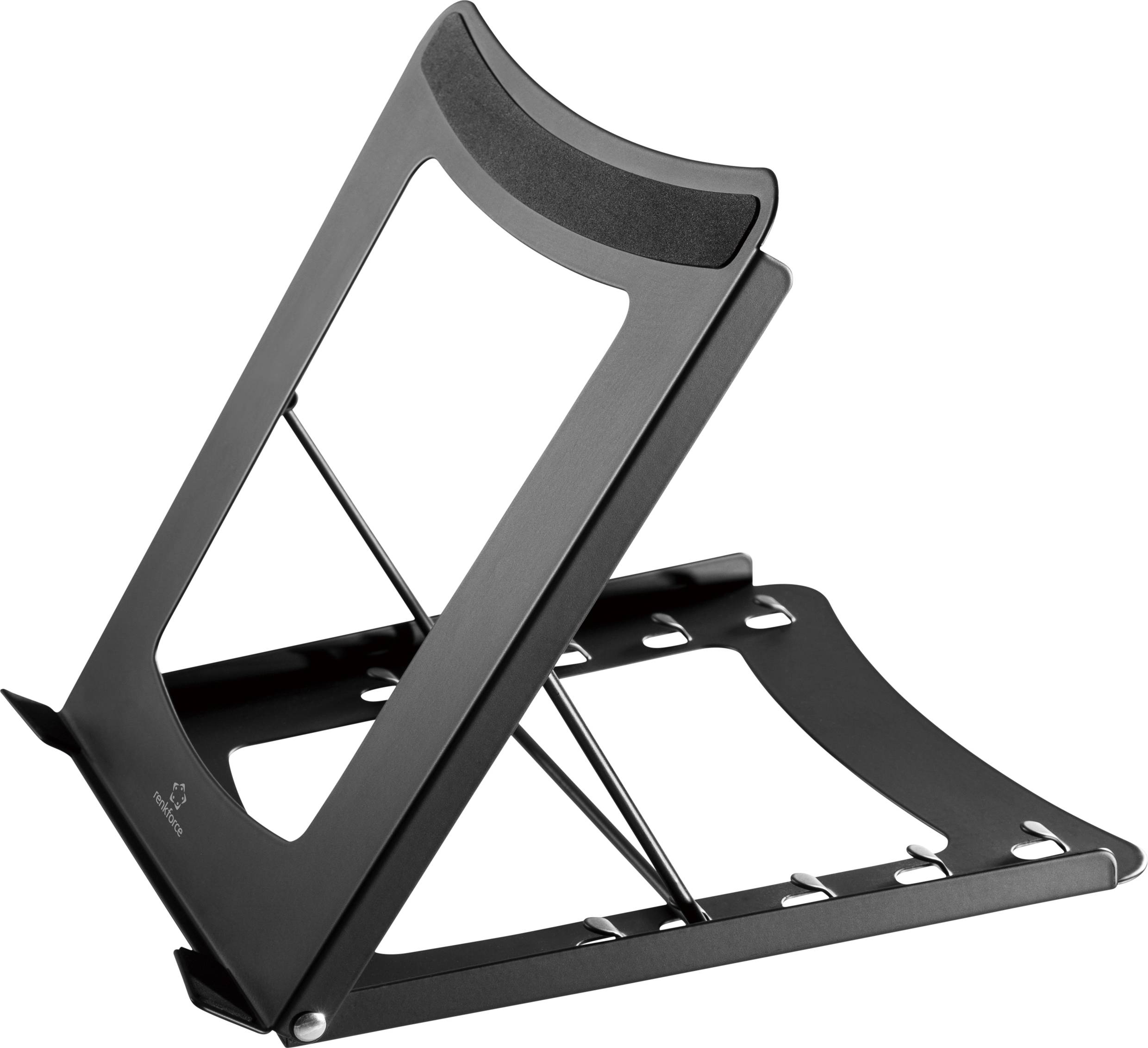 A black, adjustable laptop stand made of metal with non-slip pads and ventilation holes to improve cooling.