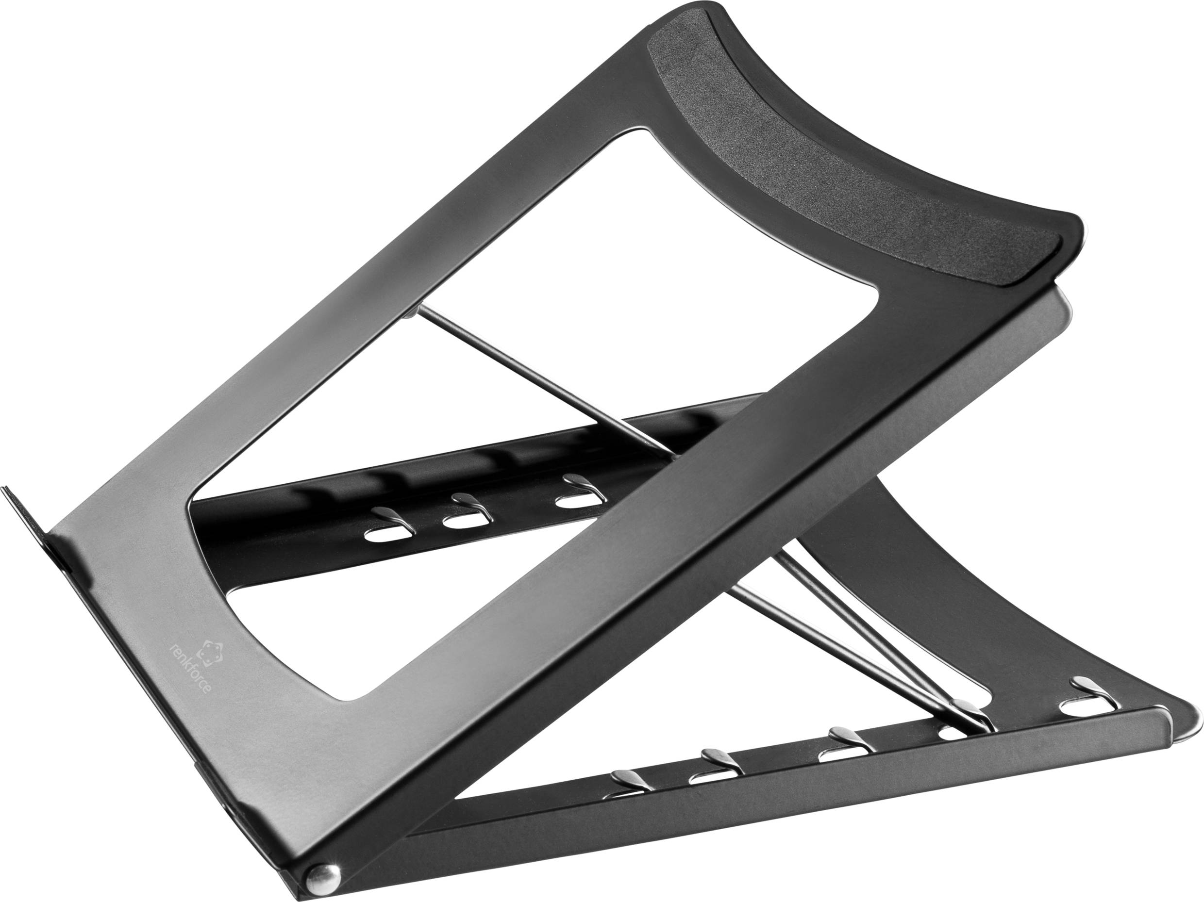Black folding laptop stand with adjustable height, manufactured from metal. Office accessory for ergonomic laptop positioning.