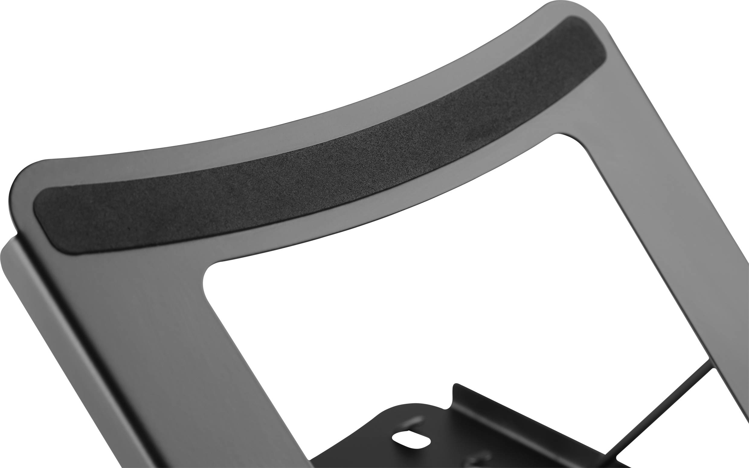Close-up of a black metal piece with a rectangular opening and a black padded strip, possibly part of a stand or holder.