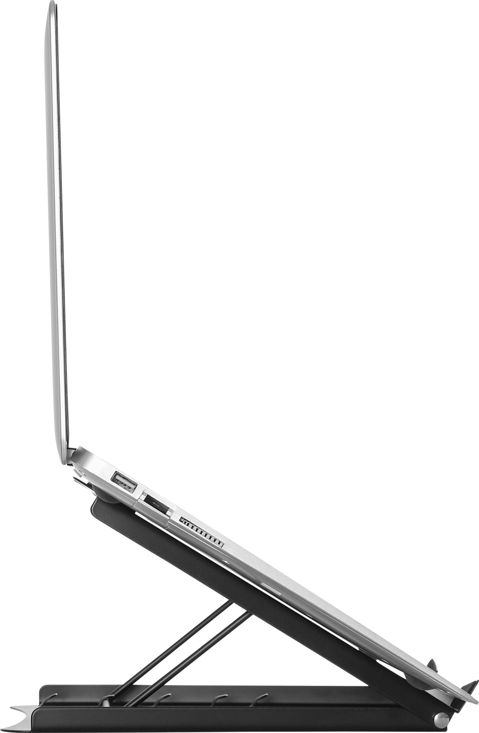 A laptop positioned sideways on an adjustable stand that raises the screen to eye level. Ideal for ergonomic working.