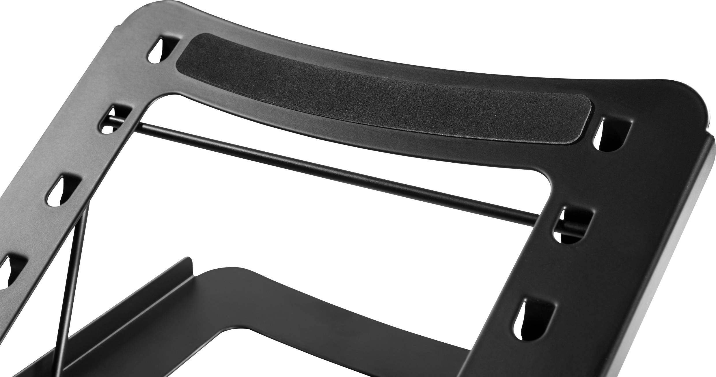 A black laptop stand with multiple ventilation holes and an adjustable tilt angle, designed for ergonomic working.
