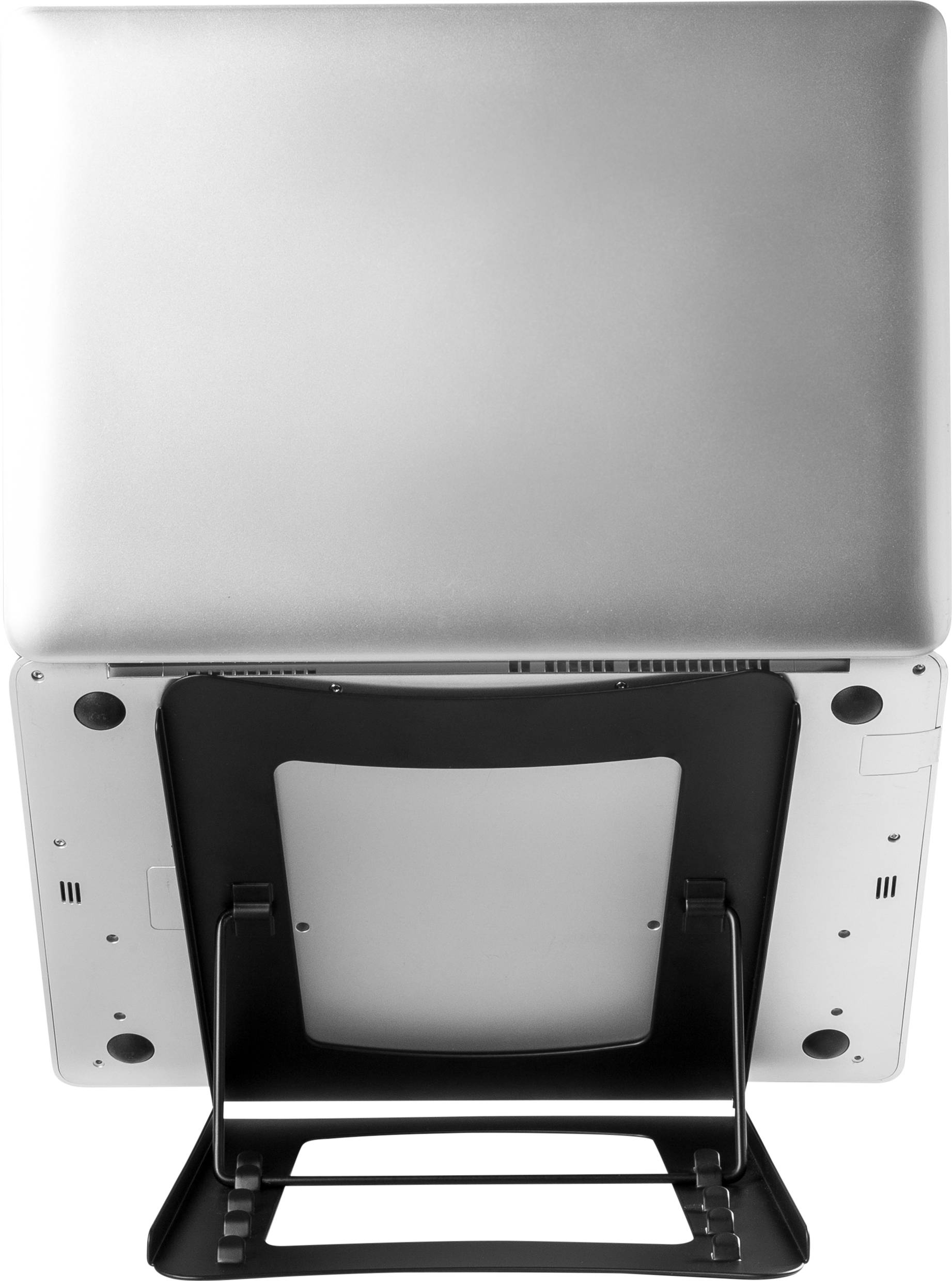 A closed laptop sits on a black stand, viewed from above. The stand is simple and sturdy, suitable for desks.