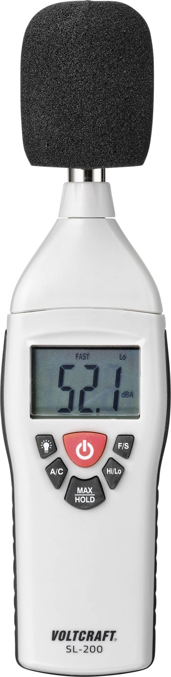 A digital sound level metre shows a reading of 52.1 decibels. The device is white with a black microphone attachment.