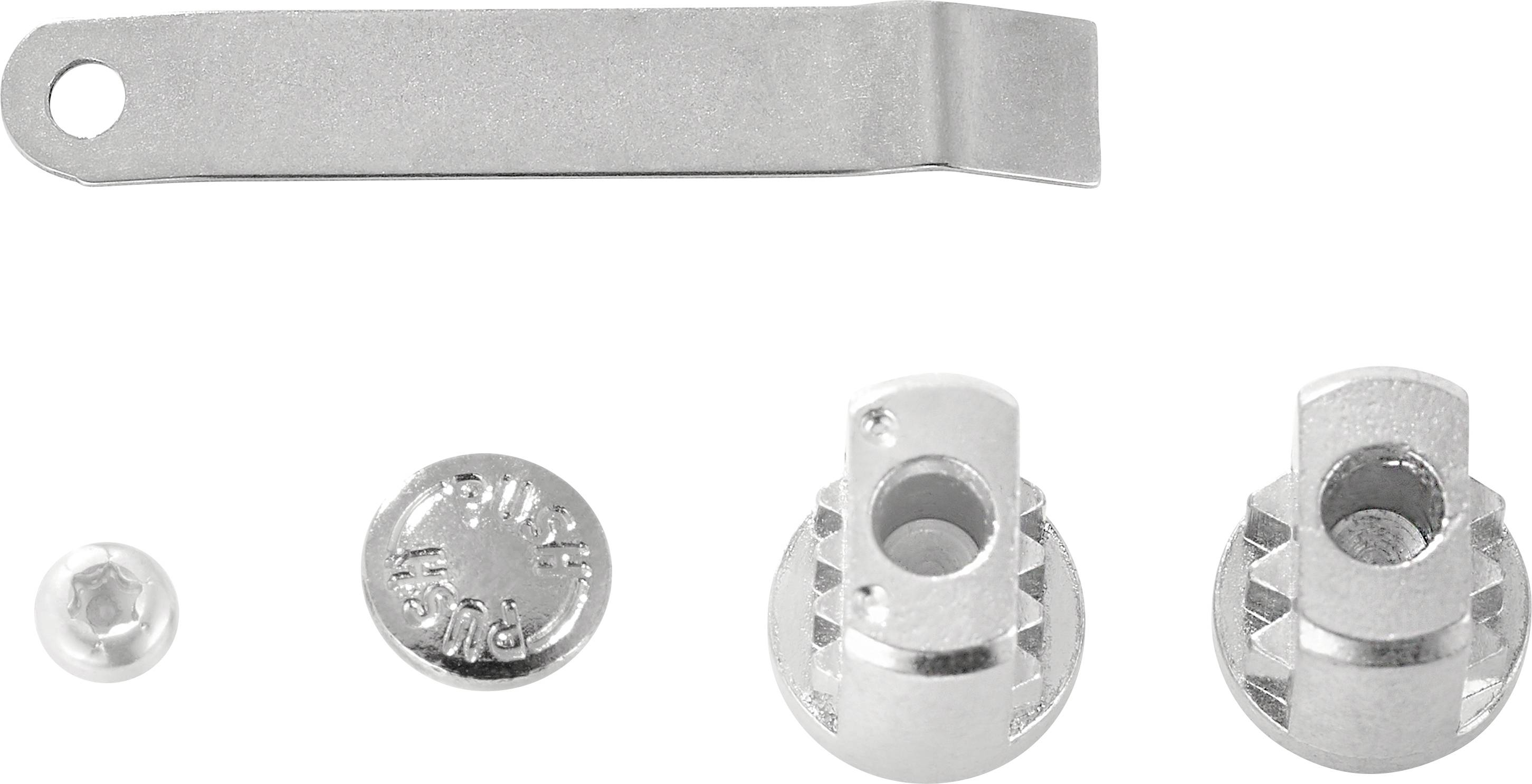 Hardware set with metal parts: bracket, two cylinder holders, screw and coin for furniture or device components.