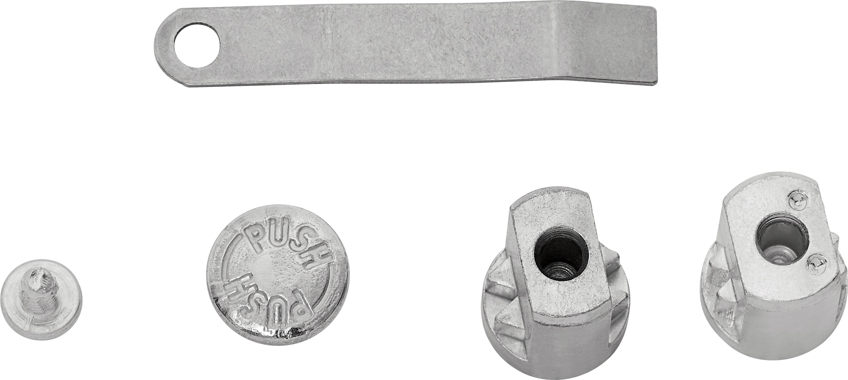Five metallic components side by side. At the top, an elongated tab with a hole; below that, four round parts, one with a 'Push' inscription.