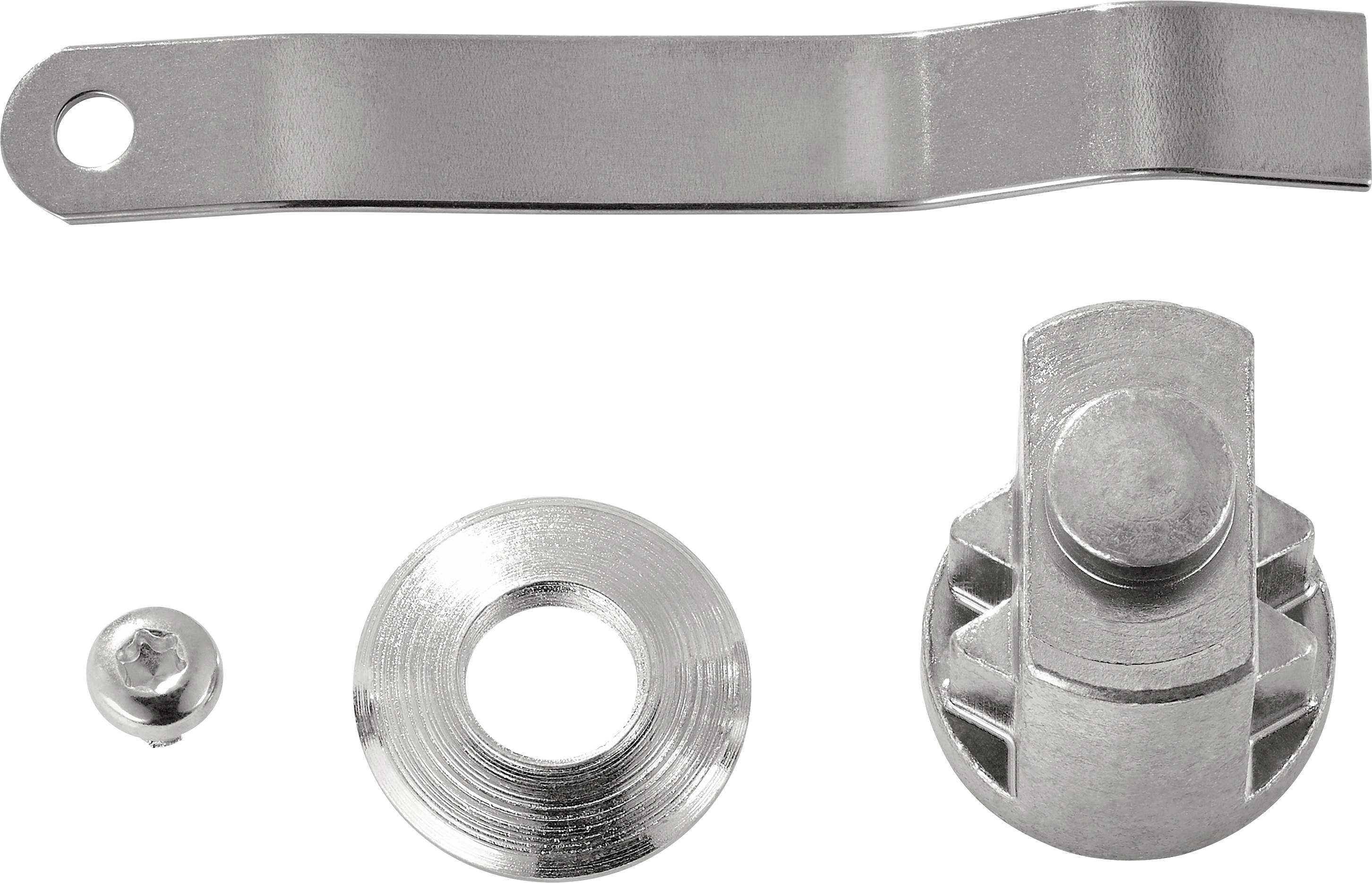 Metal components of a locking mechanism: a curved strip with a hole, a round washer, a pin, and a rotatable metal part.