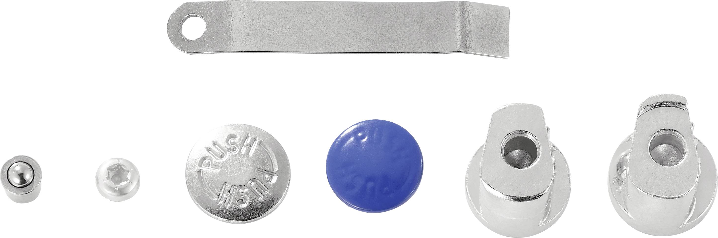 Various metal press studs and tools on a white background. Includes round buttons and a flat tool on top.