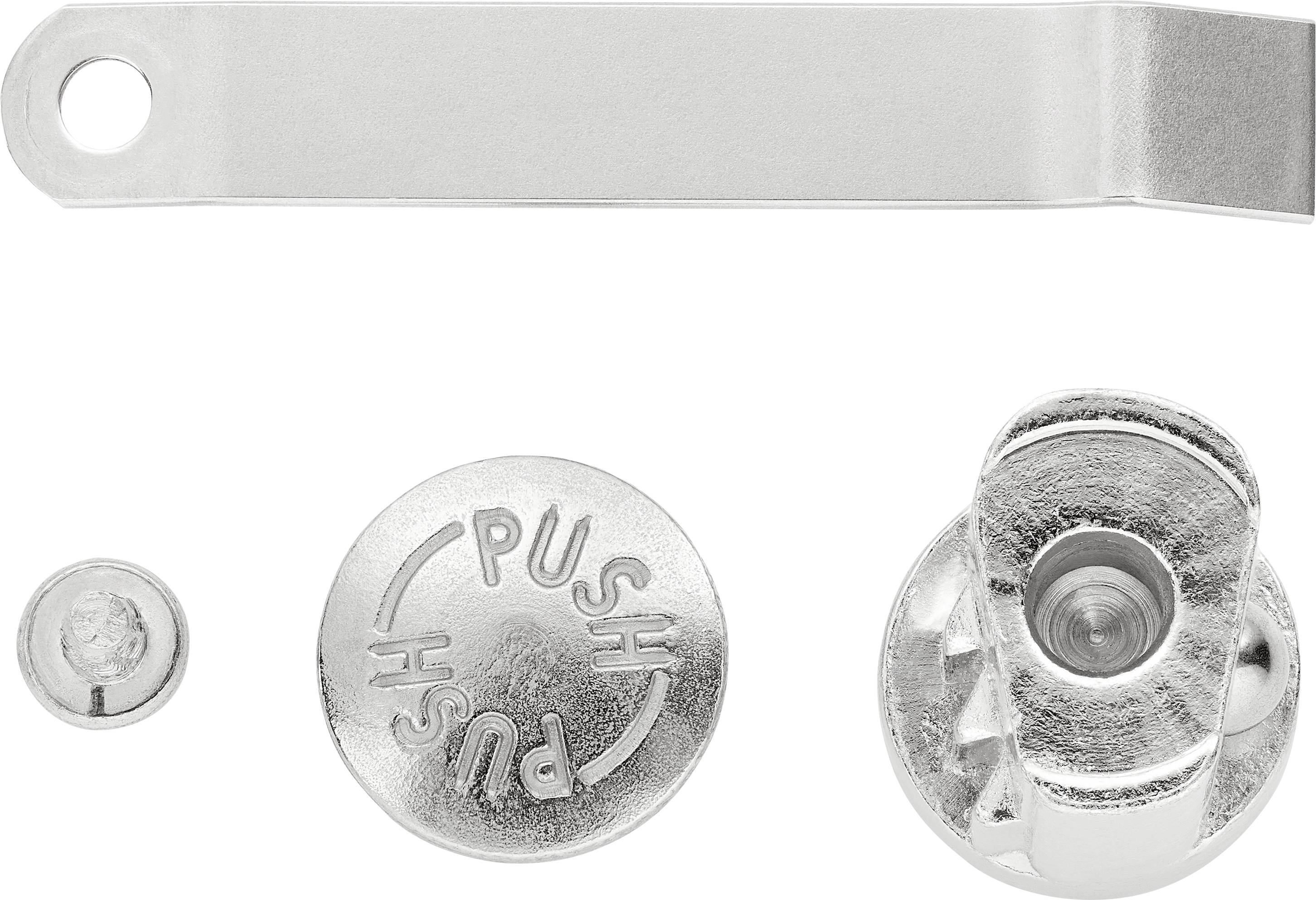 Metal lock with four components: lever, screw, push button with 'PUSH' inscription, and cylindrical casing.