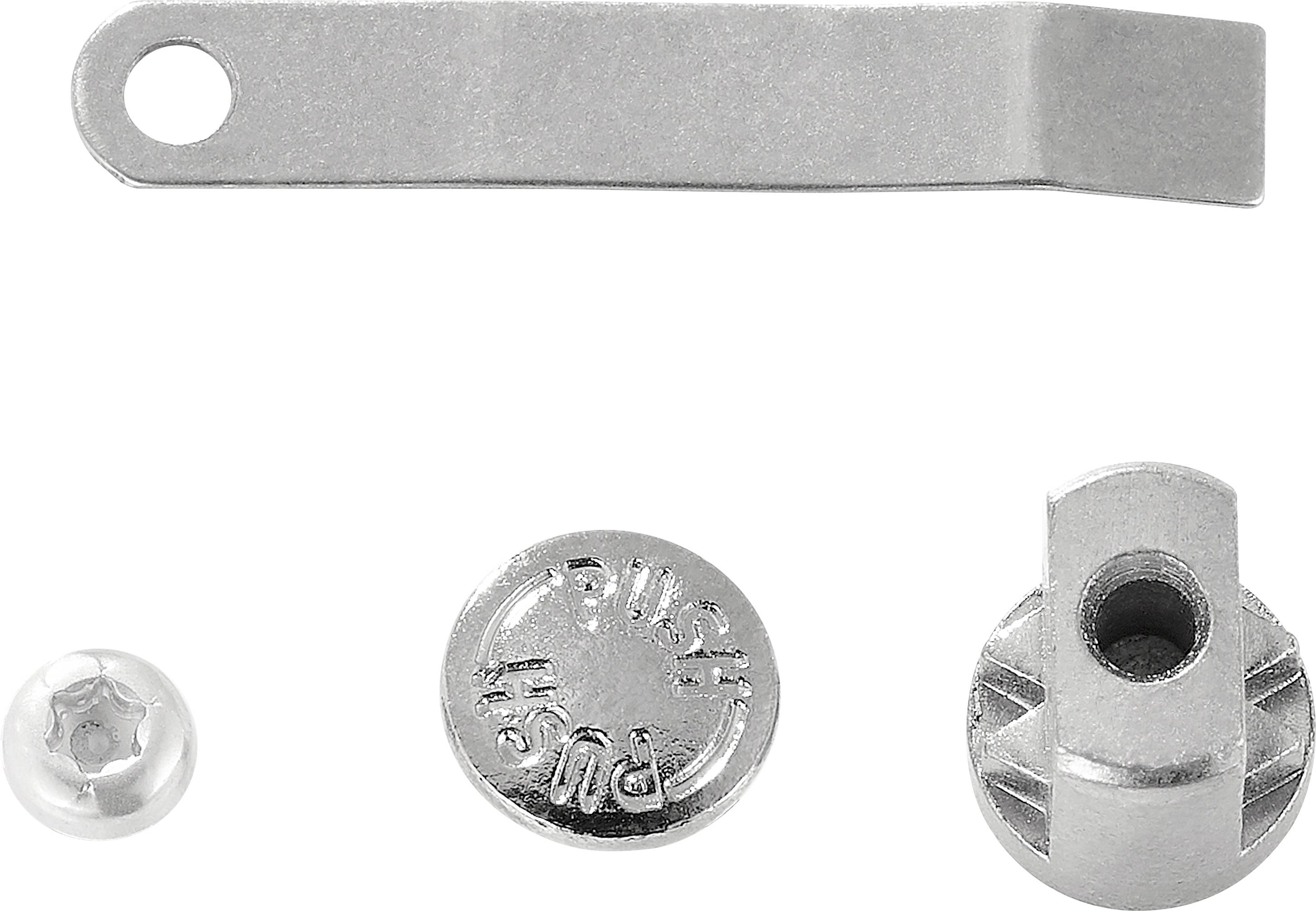 A metallic hardware set consists of a flat hook, a ratchet washer, a screw and another small metal component.