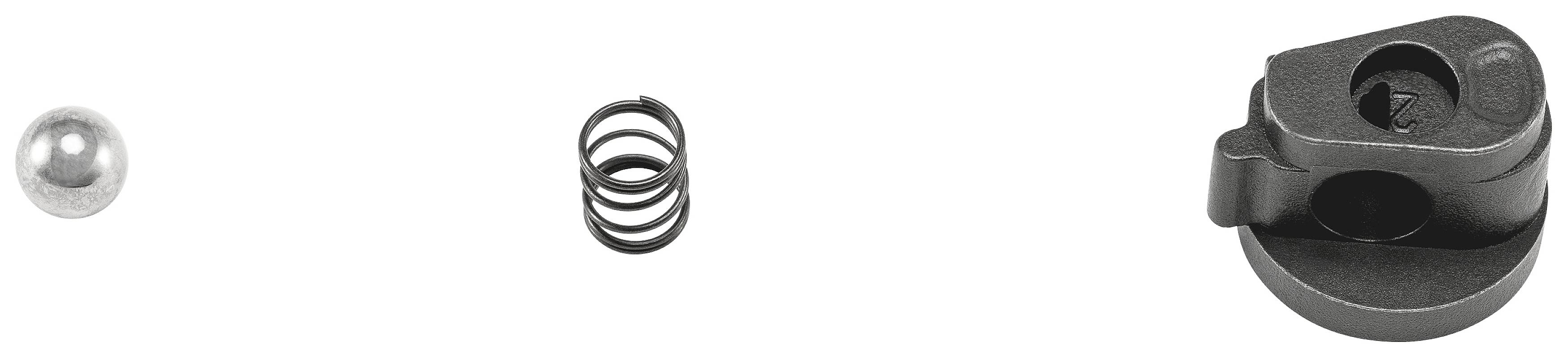 Metal ball on the left, metal spring in the middle, black plastic component on the right; components arranged in a row.