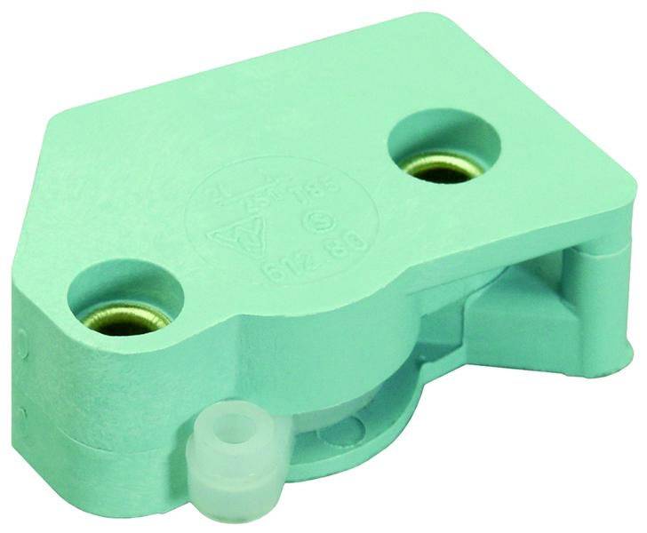 A green plastic component with two visible mounting holes and a small protruding pin beneath them.