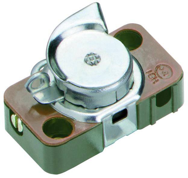 A metal switch with a brown plastic housing and round cover, suitable for electrical applications.