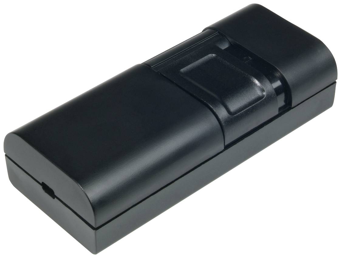 Black, rectangular plastic box with rounded corners and a hinged lid.