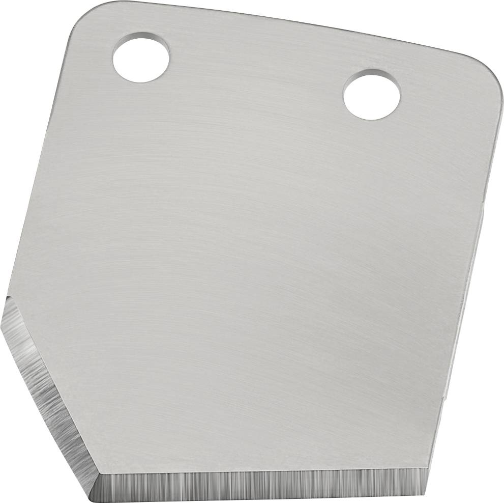 A silver-coloured, rectangular metal sheet with two round holes at the top and a bevelled edge on the bottom left.