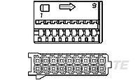 Socket diagram with an arrow indicating the insertion direction. Numbering 1 and 9 marked. Pin rows are visible at the top and bottom.