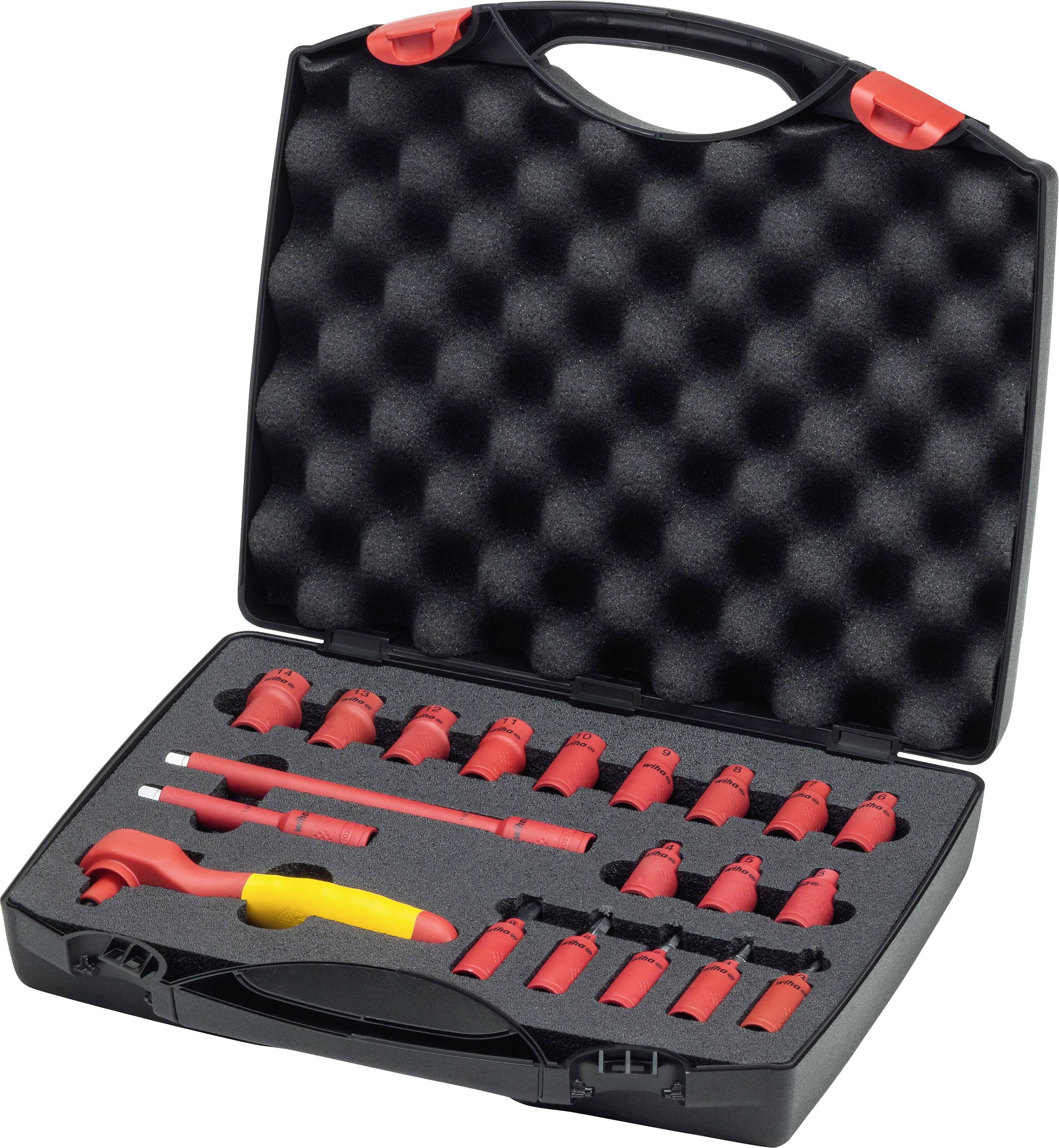 Black toolbox with red and yellow insulated tools, specifically for electrical work, on black foam.