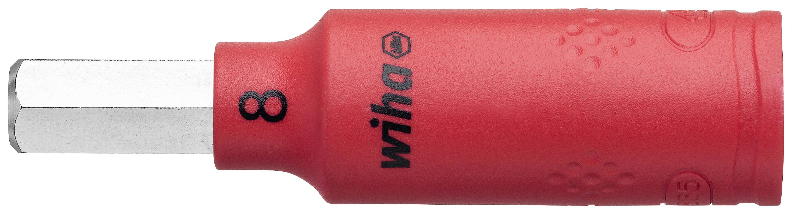A red Wiha screwdriver bit with a black inscription and the number '8', square-shaped.