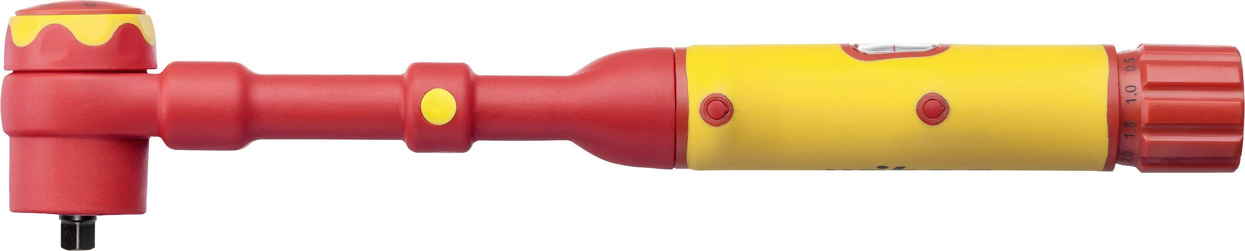 A red and yellow, cylindrical children's tool with a handle and angled head, possibly a toy drill.