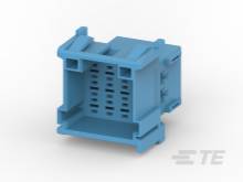 A blue plastic component for electronic connectors. It has multiple openings and is designed for modular assembly.