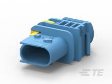 A blue electrical connector with yellow elements, pictured from the side. Suitable for cable connections in vehicles.