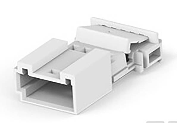 A white, rectangular connector piece with an open end and insertion tab, set against a white background surface.