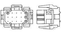 Technical drawing of a mechanical gripper with two views: top view and side view. Shows details of the gripper arms and connections.