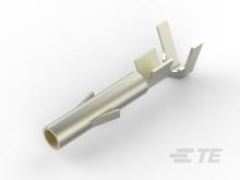 Metallic connector plug, cylindrical in shape, with two side clips. Background out of focus.