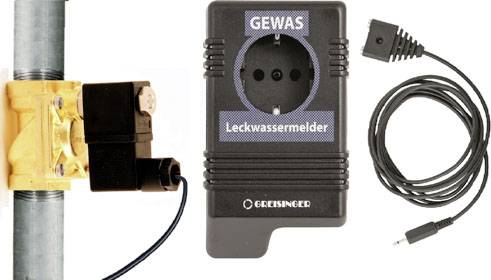 'Water leak detector' and electrical cable on a white background. The detector is black, rectangular with a socket. On the left is a pipe with a yellow connection.