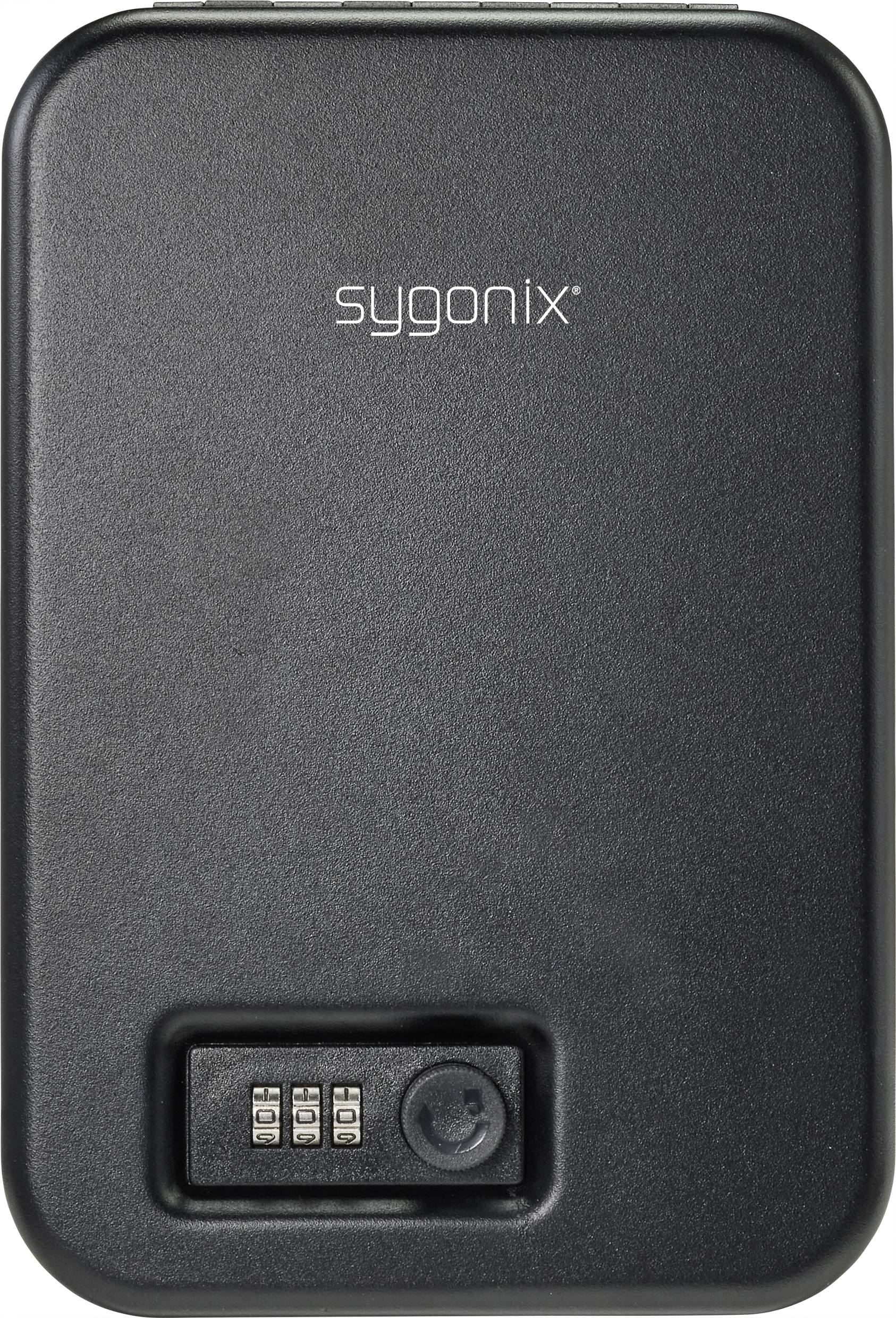 A black, rectangular safe with a combination lock by the brand 'sygonix'.